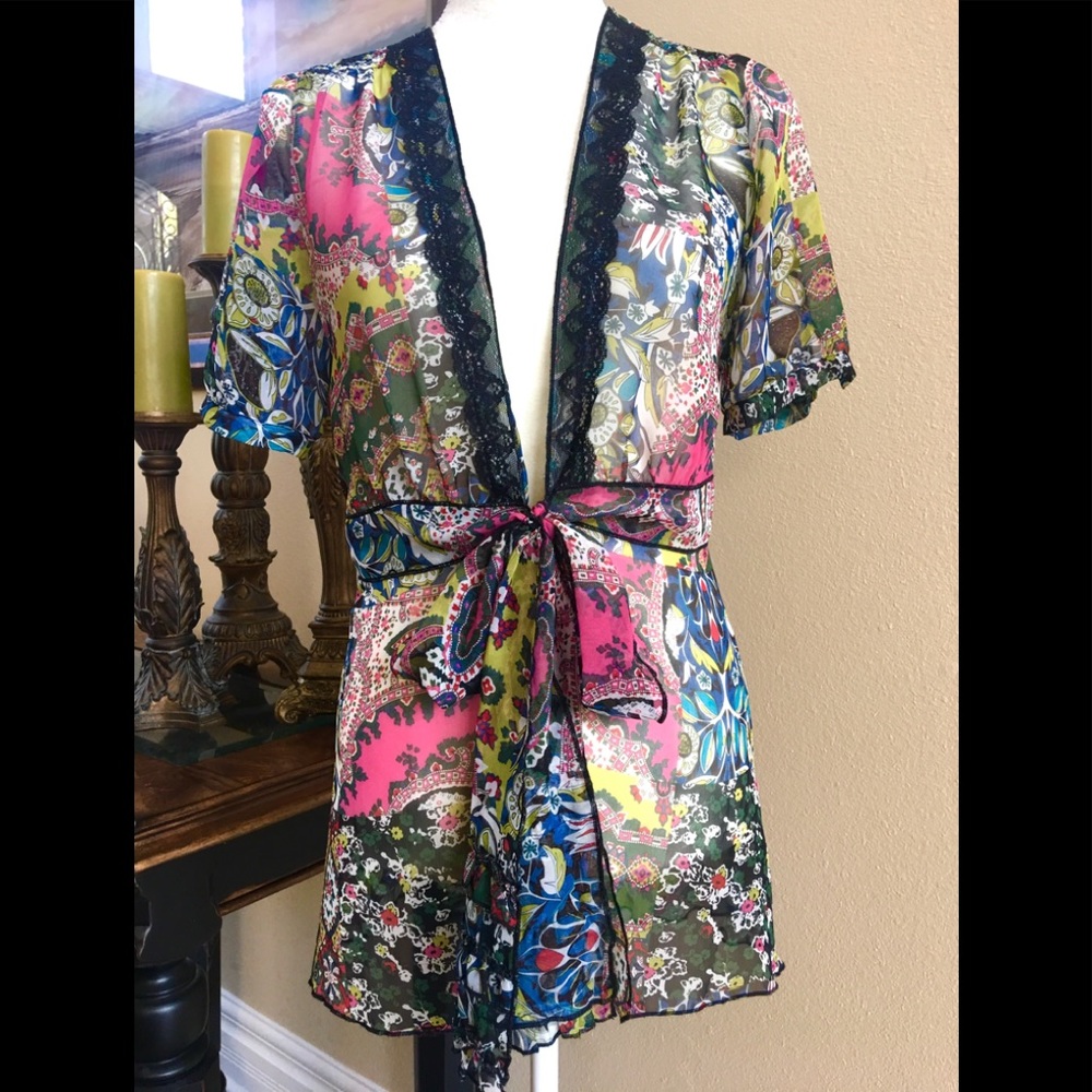 Colorful, sheer Cabi blouse